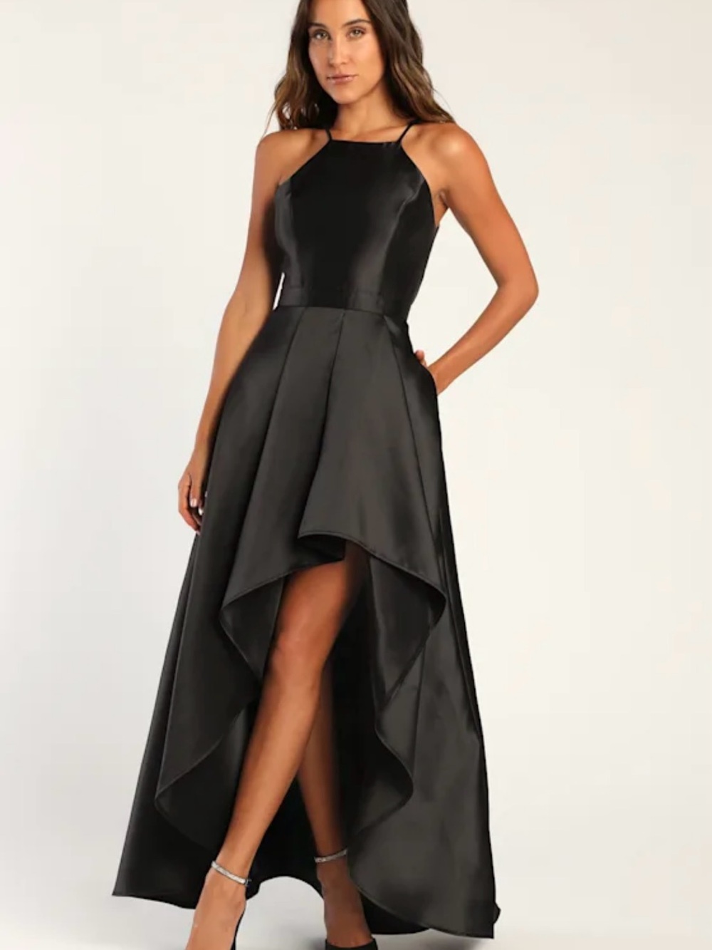 Lulus Elegant Black High-Low Halter Evening Dress